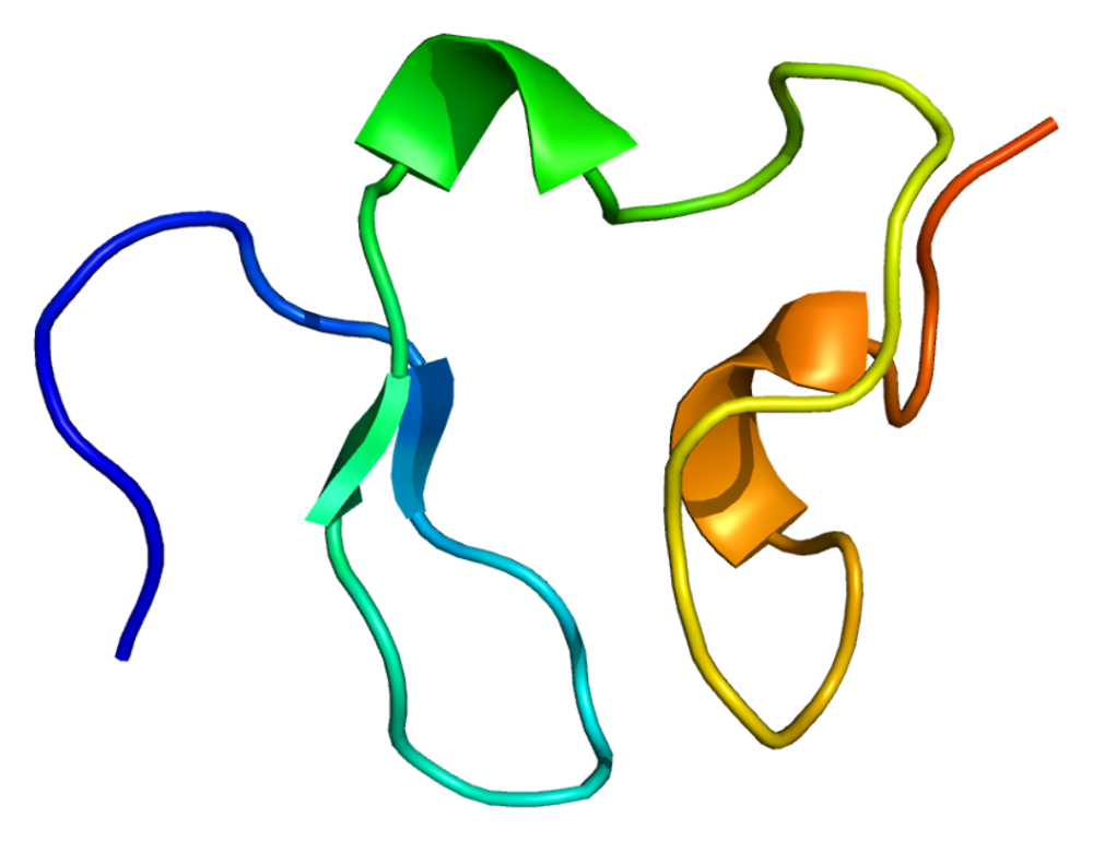 LDL reseptörünün hücre dışı bağlanma bölgesini gösteren PDB 1AJJ kristalografik ribbon modeli