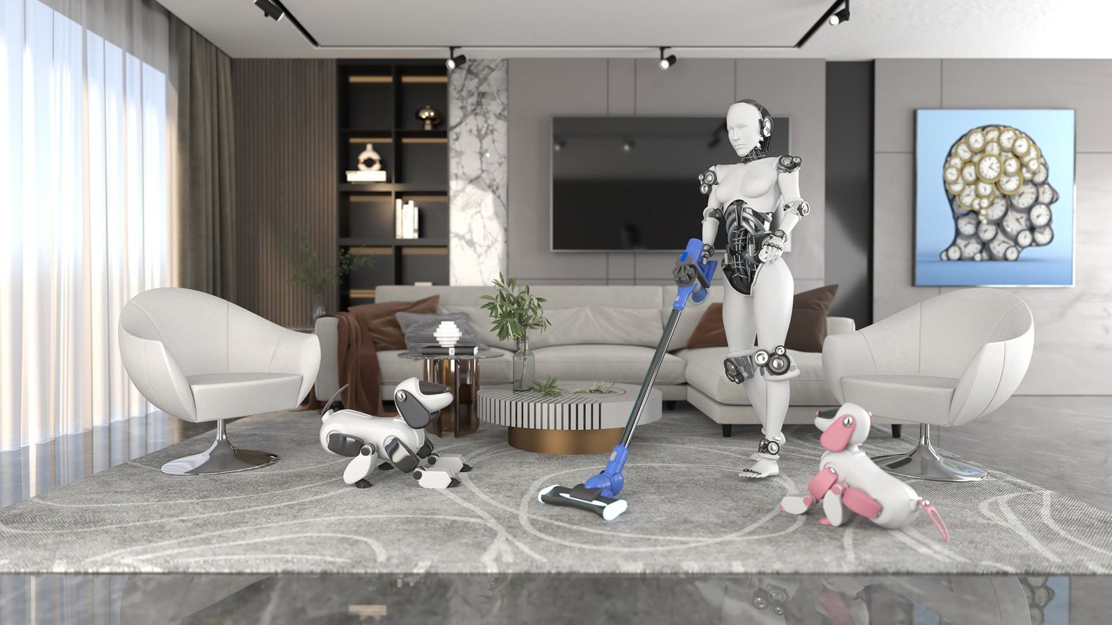A white humanoid robot vaccuums a rug in a living room.