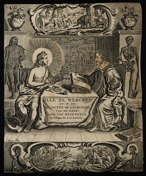 Johan van Beverwijk: he converses with Apollo about medicinal plants, while surrounded by attributes of botany, anatomy and surgery. Line engraving by C. van Dalen the younger (?) after C. de Passe th - Wellcome Tıp Tarihi Kütüphanesi