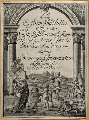 Aesculapius, representing medicine, receives homage from putti who bring him symbols of botany, natural history, chemistry and anatomy. Engraving by A. Nunzer, 1748. - Wellcome Tıp Tarihi Kütüphanesi
