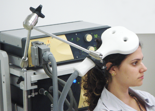 A magnetic coil is positioned on the patient's head.[7]